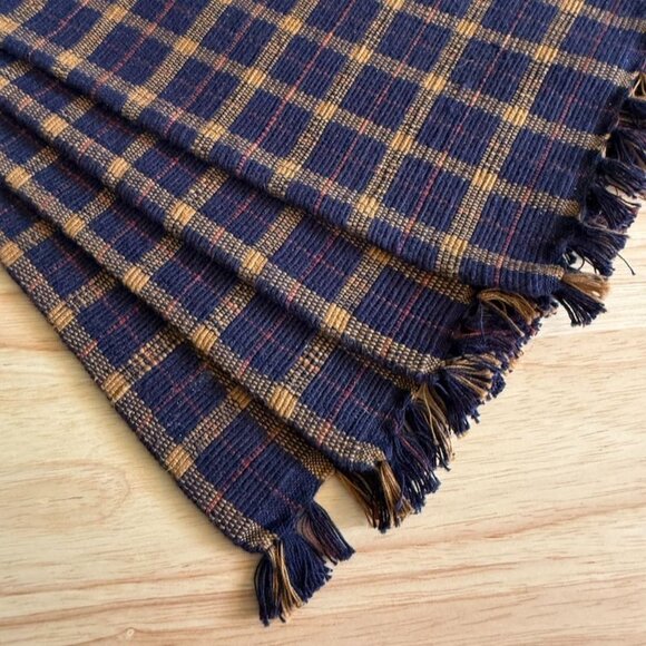 4 Woven Placemats Blue Plaid Beige Fringe 21 x 13 Cotton - Picture 2 of 10
